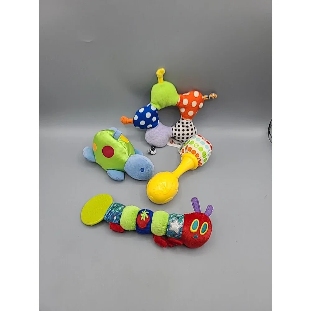 Baby Toys Bundle 4 Soft Plush Rattles Teethers Sensory Variety